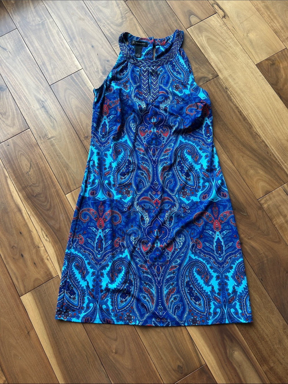 INC International Concepts Blue Paisley One-Shoulder Dress with Red Accents